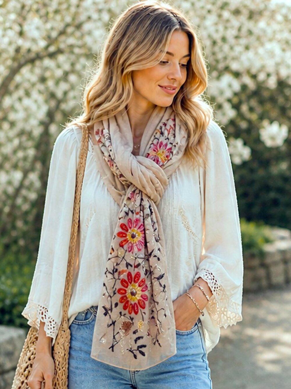 RiscaWin Beige Floral Embroidered Scarf Shawl Wrap Soft Boho Oversized 36x70